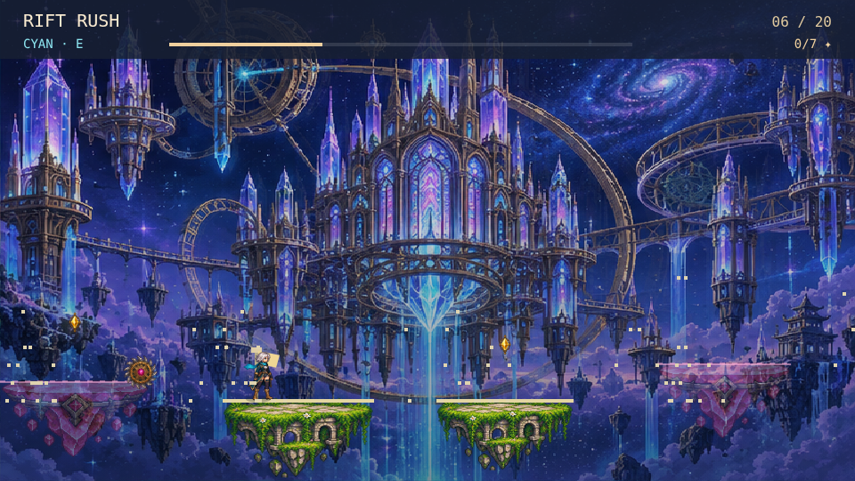 Actual Rift Rush gameplay: floating cyan and rose platforms over a pixel skyline