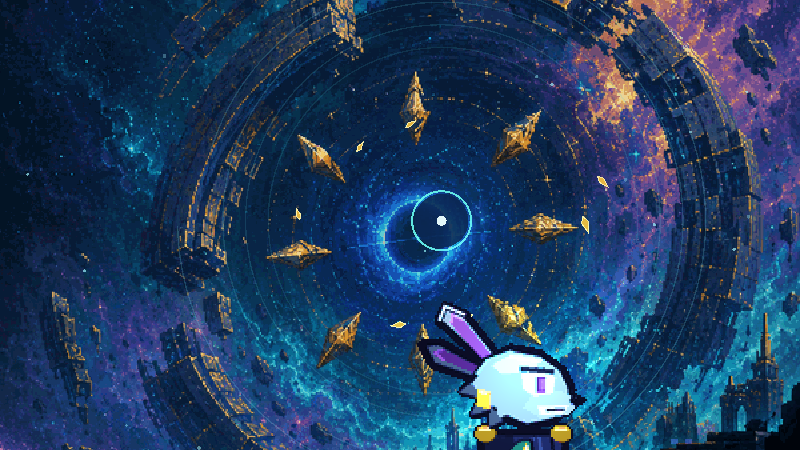 Starli Rivo facing a frozen vortex above floating ruins