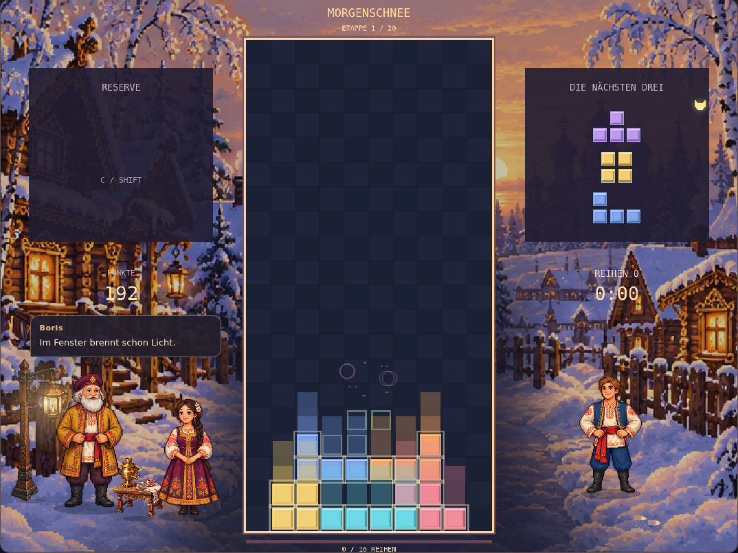 Actual Zarya gameplay: a clear block field beside larger villagers, a detailed lantern and a brass samovar